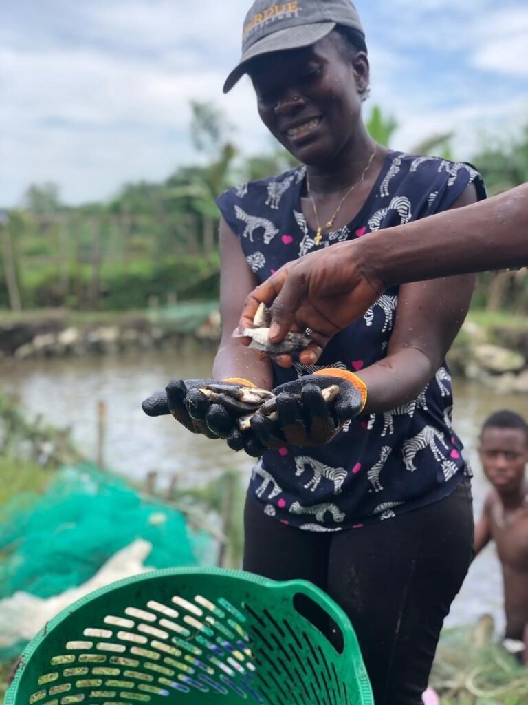 Aminata Kandeh holding young fish beside a pond at Agro Fish Farm
